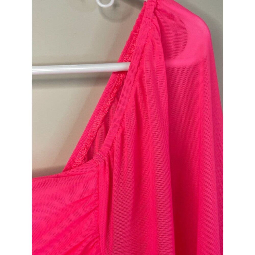 MEROKEETY Hot Pink Long Sleeve Square Neck Mesh Bodycon Midi Dress Size M 8-10 - Picture 8 of 15